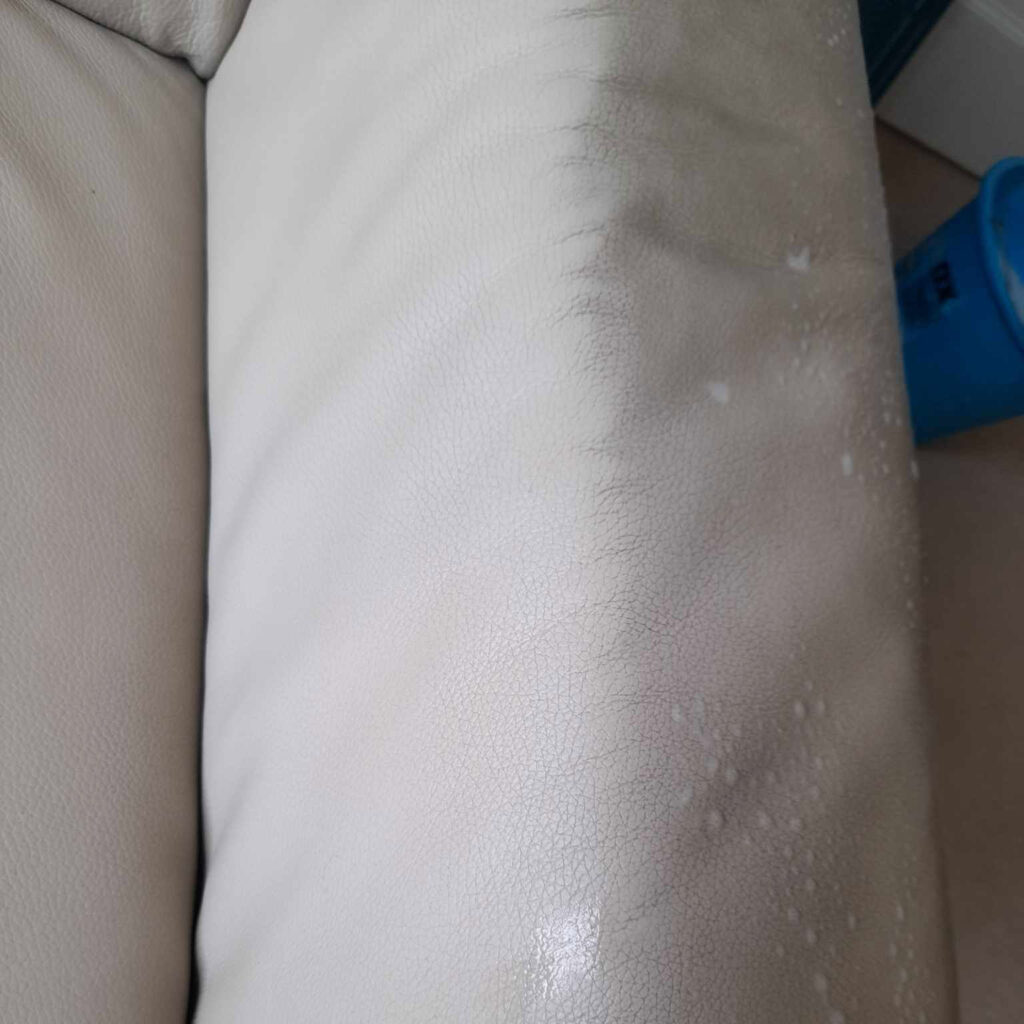 cream leather sofa being revitalised and cleansed